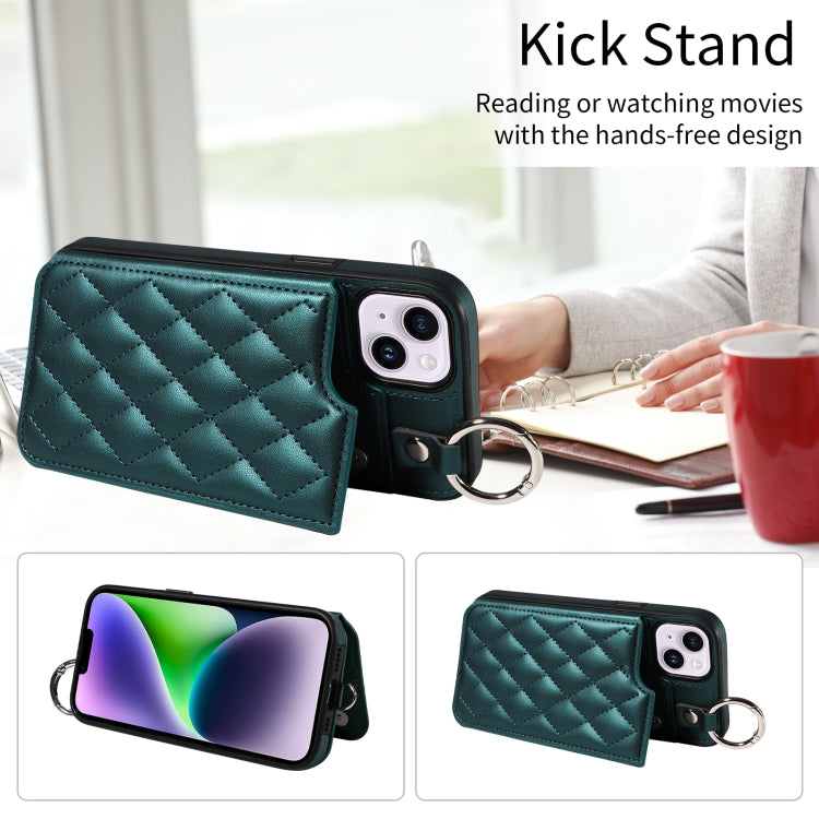 For iPhone 15 Plus / 14 Plus Rhombic Texture Card Bag Phone Case with Short Lanyard