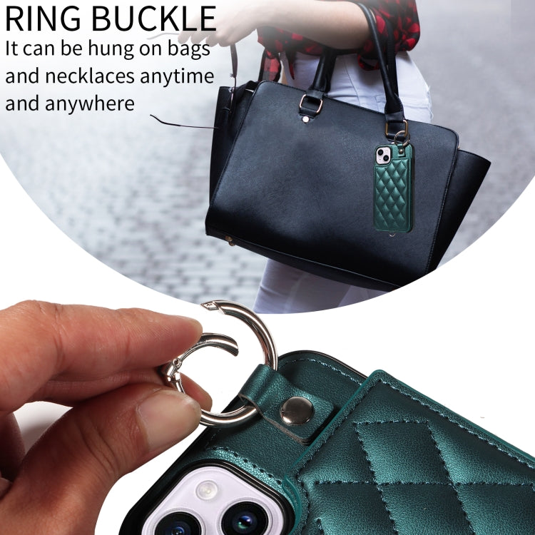 For iPhone 15 Plus / 14 Plus Rhombic Texture Card Bag Phone Case with Short Lanyard