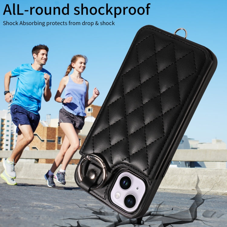 For iPhone 15 Plus / 14 Plus Rhombic Texture Card Bag Phone Case with Short Lanyard