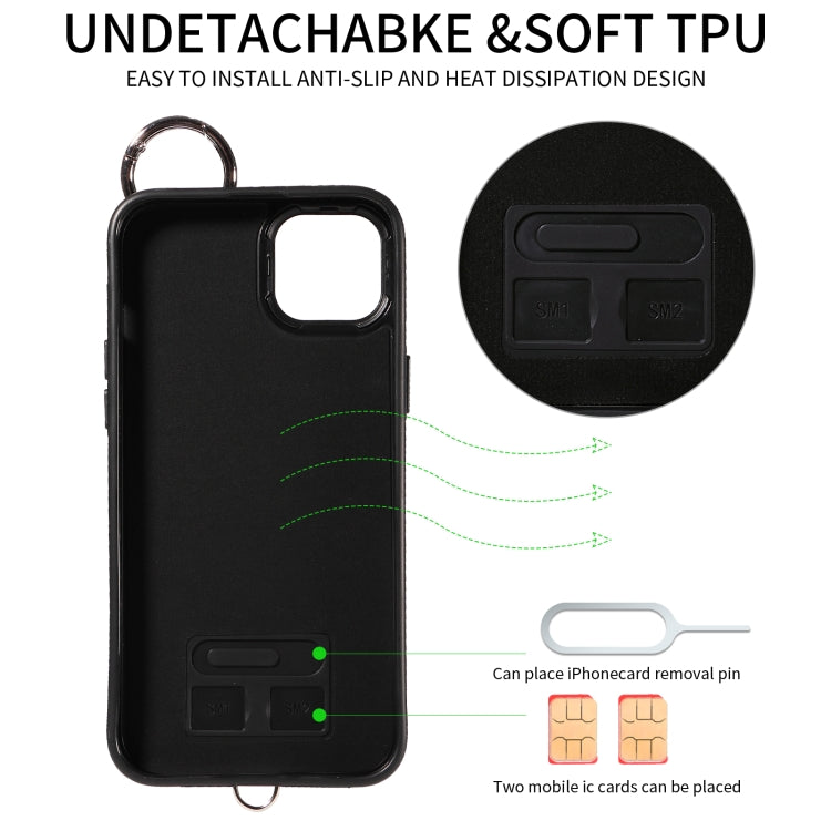 For iPhone 15 Plus / 14 Plus Rhombic Texture Card Bag Phone Case with Short Lanyard