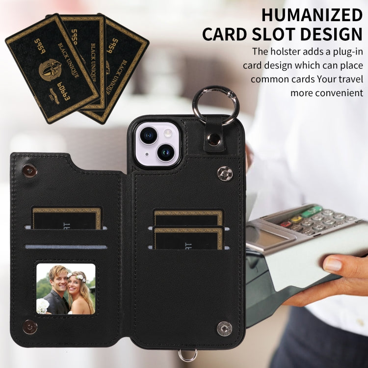 For iPhone 15 Plus / 14 Plus Rhombic Texture Card Bag Phone Case with Short Lanyard