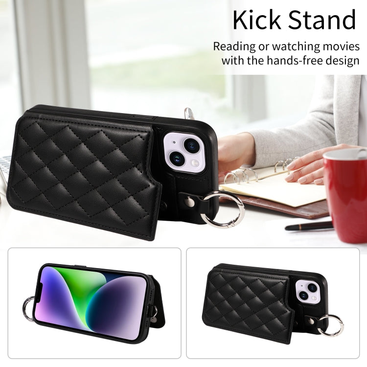 For iPhone 15 Plus / 14 Plus Rhombic Texture Card Bag Phone Case with Short Lanyard
