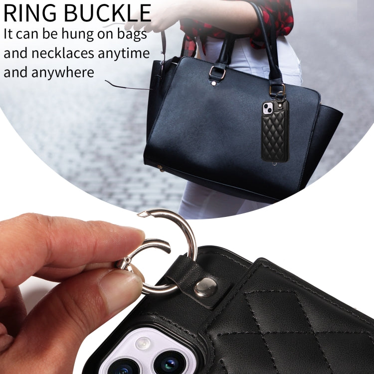 For iPhone 15 Plus / 14 Plus Rhombic Texture Card Bag Phone Case with Short Lanyard