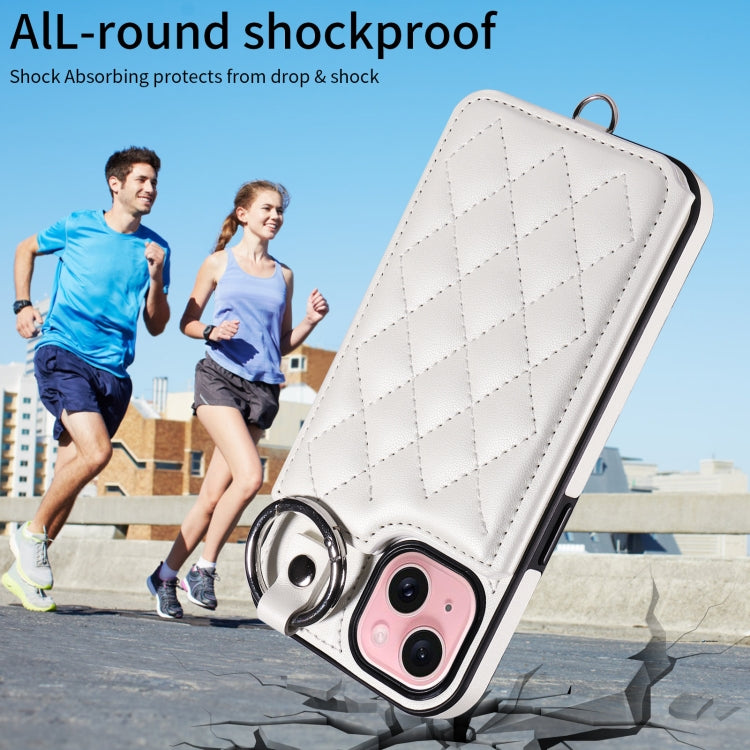 For iPhone 15 Rhombic Texture Card Bag Phone Case with Short Lanyard