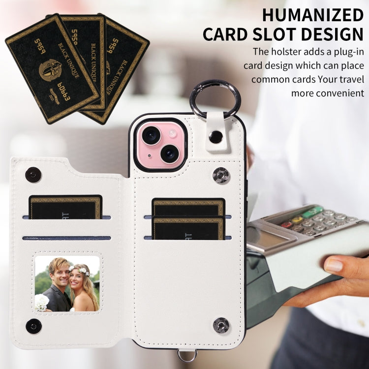 For iPhone 15 Rhombic Texture Card Bag Phone Case with Short Lanyard