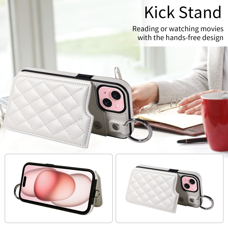 For iPhone 15 Rhombic Texture Card Bag Phone Case with Short Lanyard
