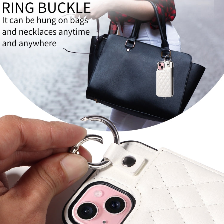 For iPhone 15 Rhombic Texture Card Bag Phone Case with Short Lanyard
