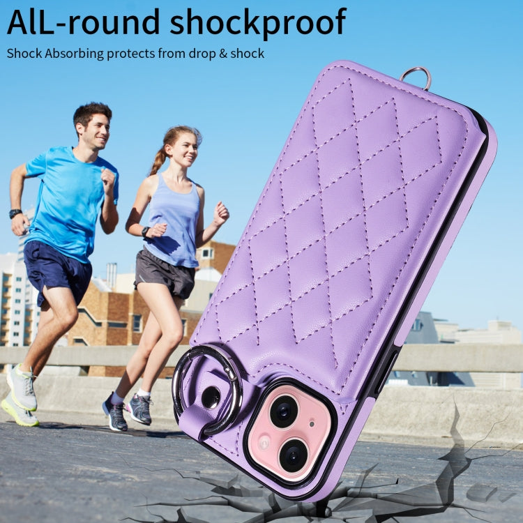 For iPhone 15 Rhombic Texture Card Bag Phone Case with Short Lanyard