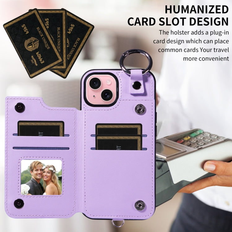For iPhone 15 Rhombic Texture Card Bag Phone Case with Short Lanyard