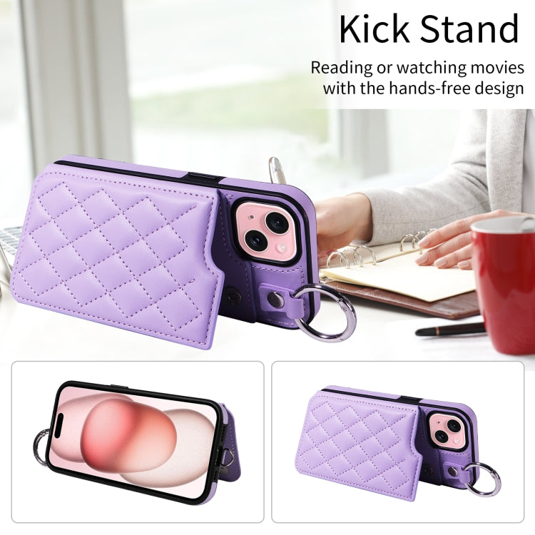 For iPhone 15 Rhombic Texture Card Bag Phone Case with Short Lanyard