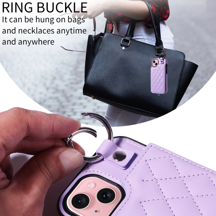 For iPhone 15 Rhombic Texture Card Bag Phone Case with Short Lanyard