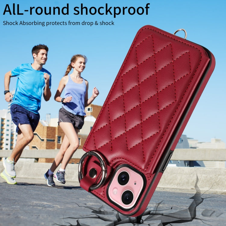 For iPhone 15 Rhombic Texture Card Bag Phone Case with Short Lanyard