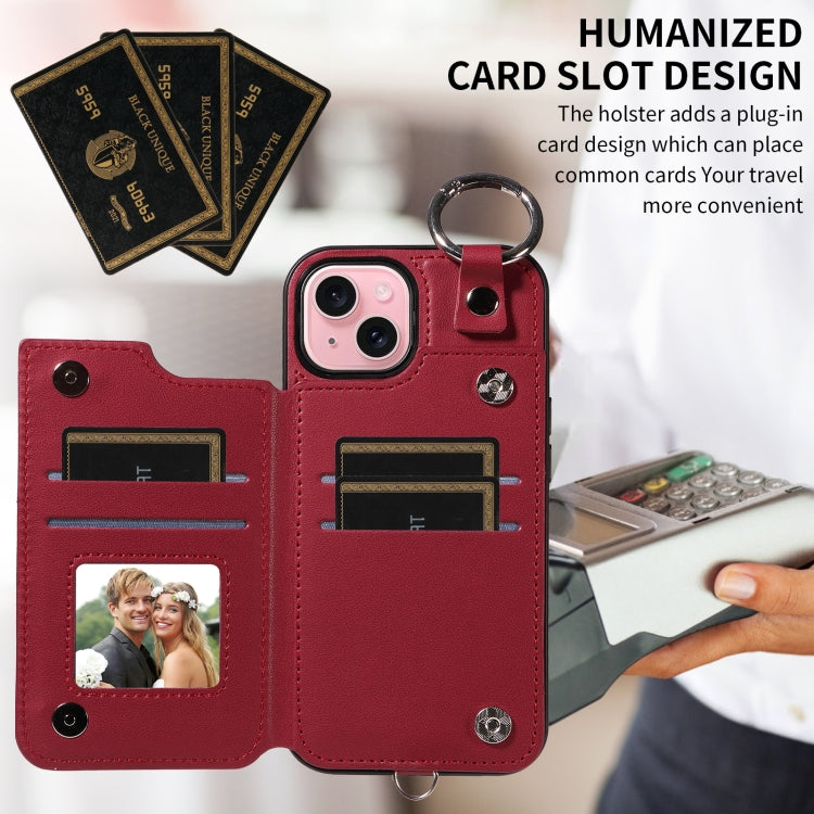 For iPhone 15 Rhombic Texture Card Bag Phone Case with Short Lanyard