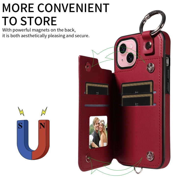 For iPhone 15 Rhombic Texture Card Bag Phone Case with Short Lanyard