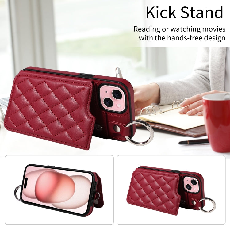 For iPhone 15 Rhombic Texture Card Bag Phone Case with Short Lanyard