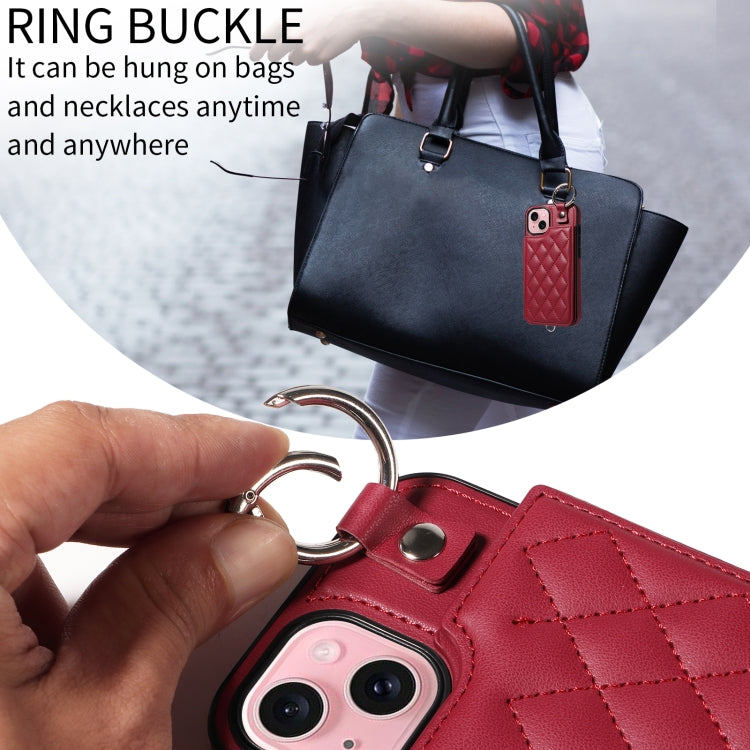 For iPhone 15 Rhombic Texture Card Bag Phone Case with Short Lanyard