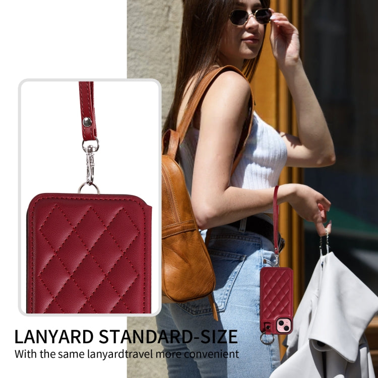 For iPhone 15 Rhombic Texture Card Bag Phone Case with Short Lanyard
