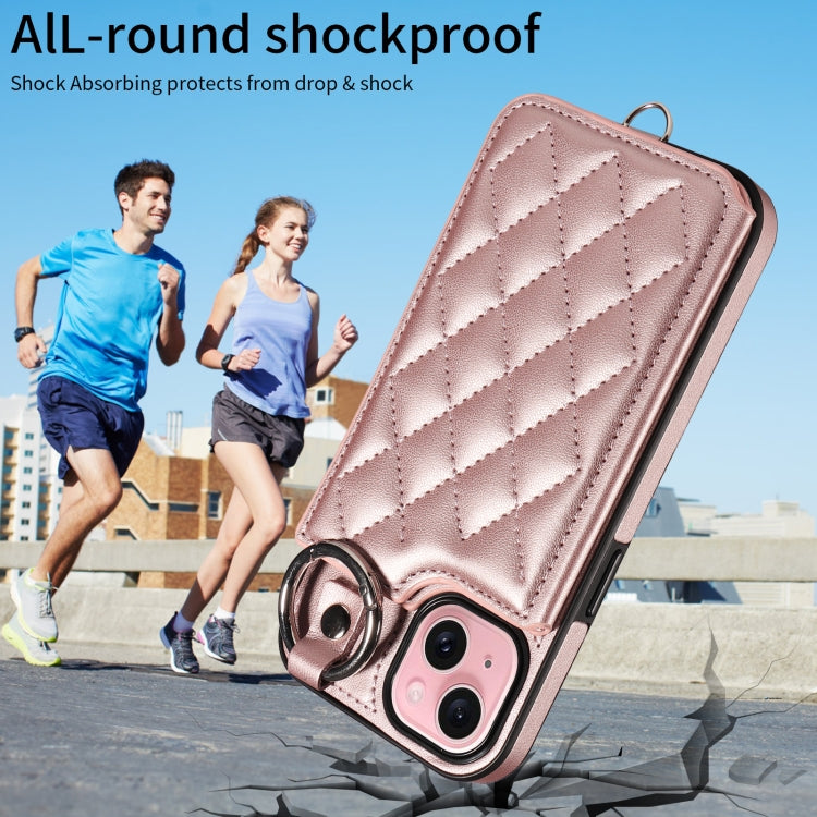 For iPhone 15 Rhombic Texture Card Bag Phone Case with Short Lanyard