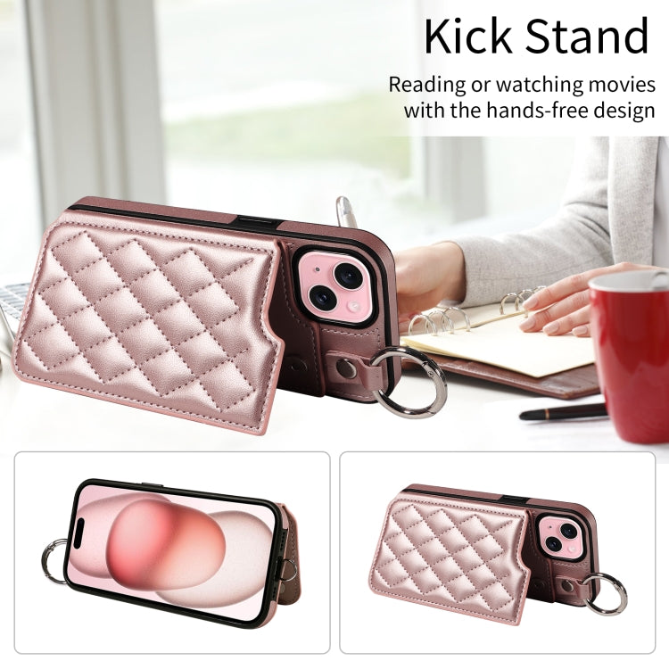 For iPhone 15 Rhombic Texture Card Bag Phone Case with Short Lanyard