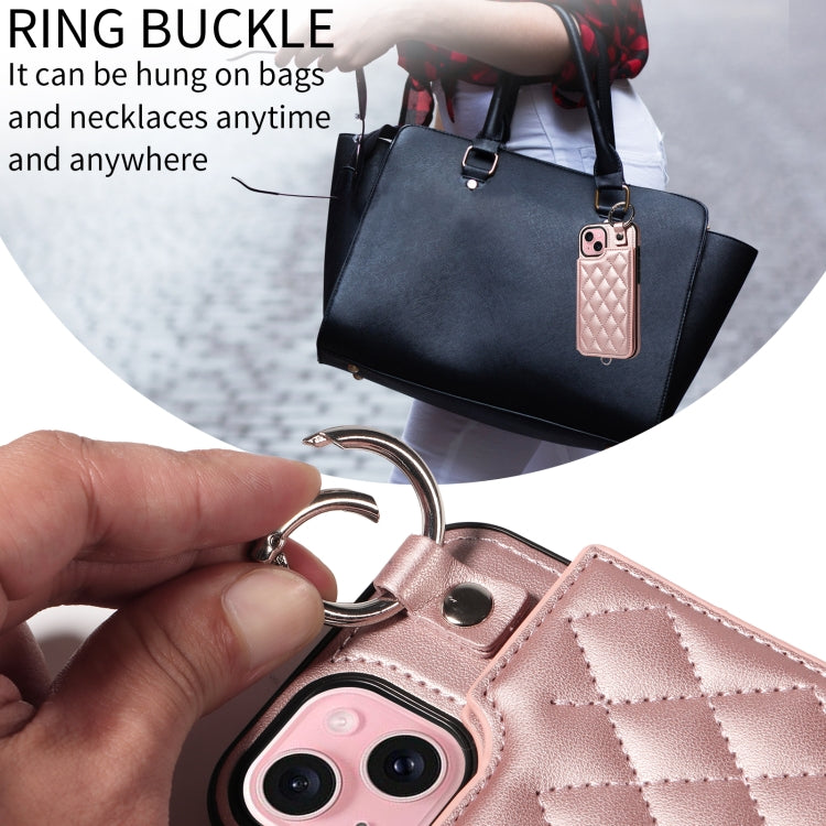 For iPhone 15 Rhombic Texture Card Bag Phone Case with Short Lanyard