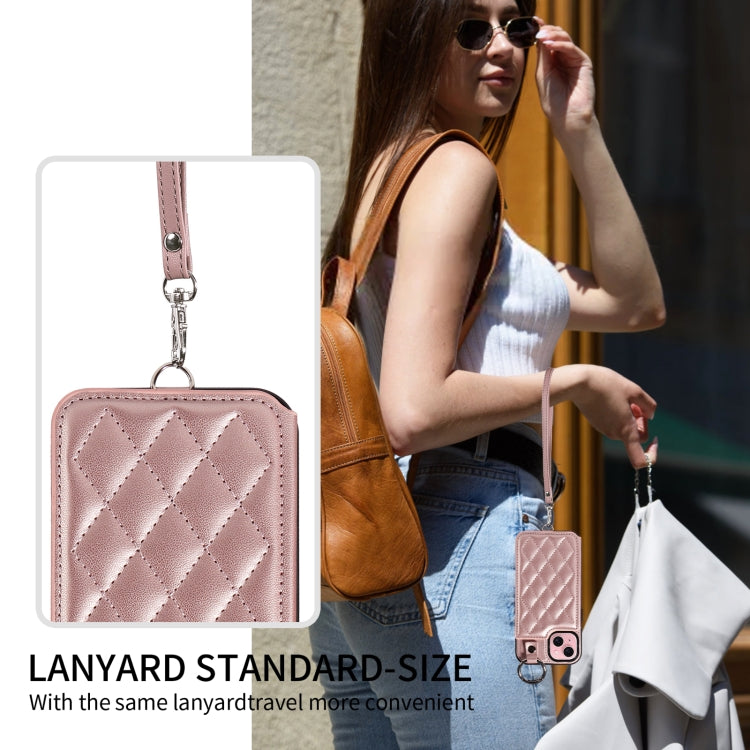 For iPhone 15 Rhombic Texture Card Bag Phone Case with Short Lanyard