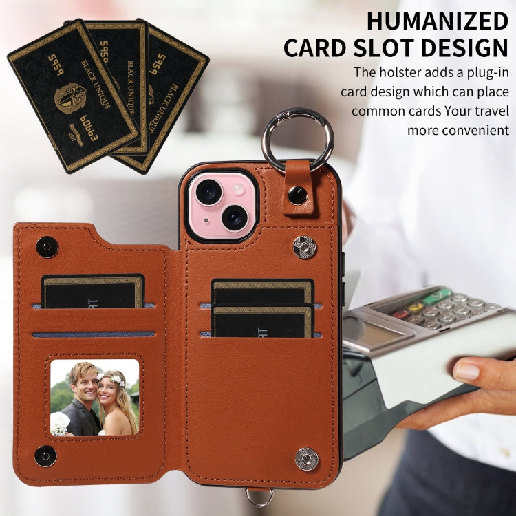 For iPhone 15 Rhombic Texture Card Bag Phone Case with Short Lanyard