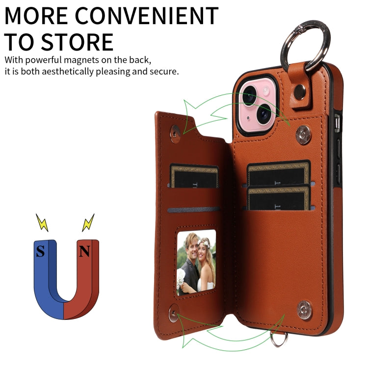 For iPhone 15 Rhombic Texture Card Bag Phone Case with Short Lanyard