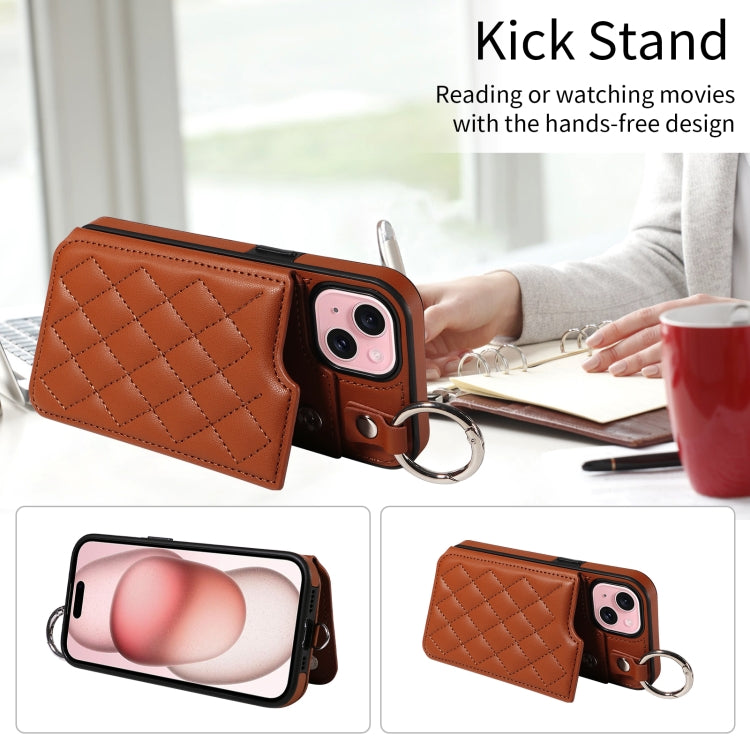 For iPhone 15 Rhombic Texture Card Bag Phone Case with Short Lanyard