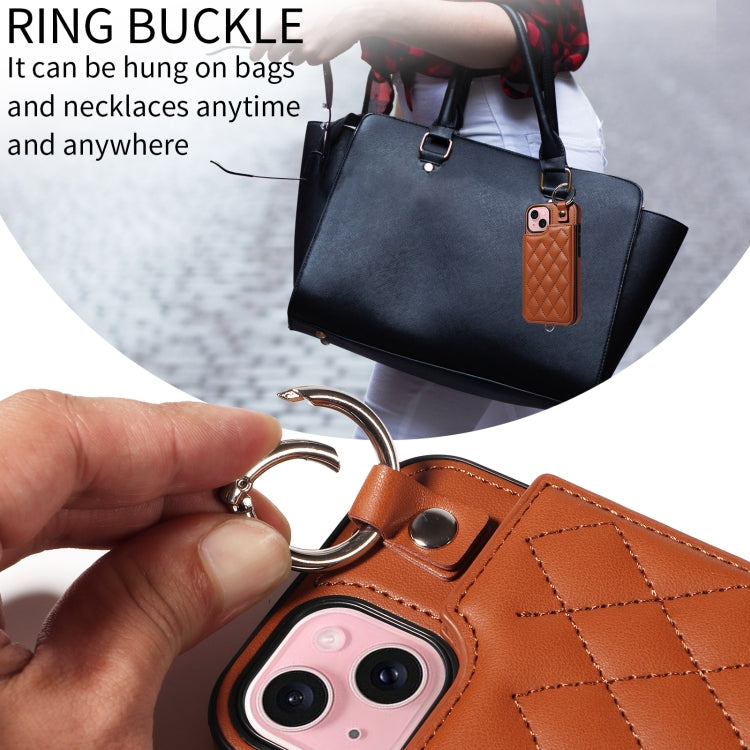For iPhone 15 Rhombic Texture Card Bag Phone Case with Short Lanyard