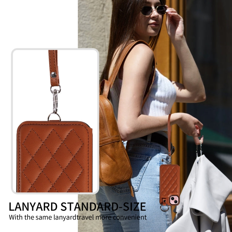 For iPhone 15 Rhombic Texture Card Bag Phone Case with Short Lanyard