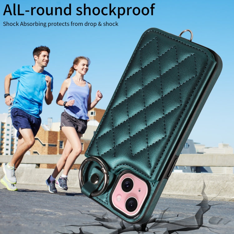 For iPhone 15 Rhombic Texture Card Bag Phone Case with Short Lanyard