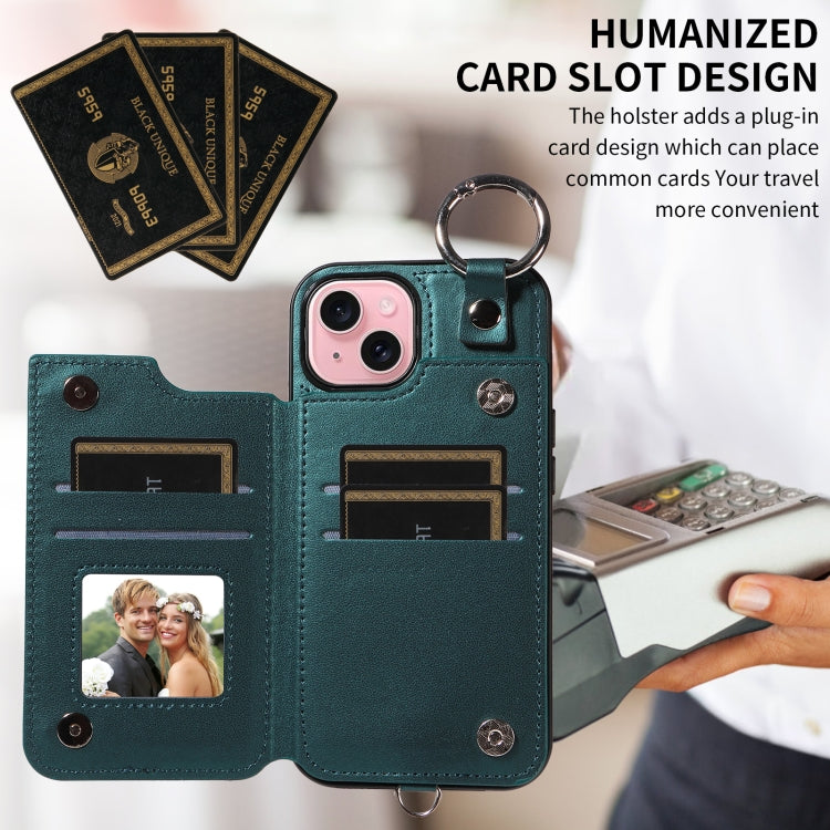 For iPhone 15 Rhombic Texture Card Bag Phone Case with Short Lanyard