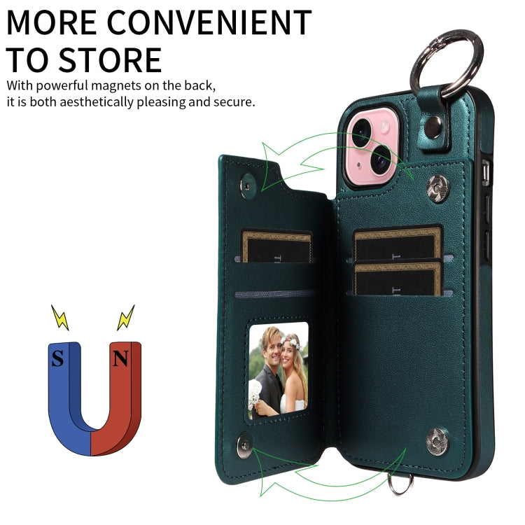 For iPhone 15 Rhombic Texture Card Bag Phone Case with Short Lanyard