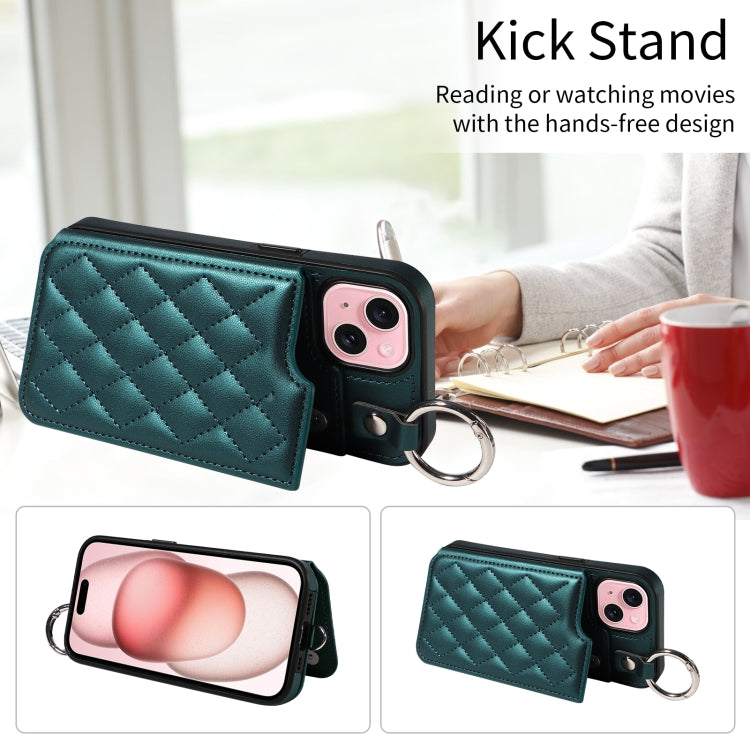 For iPhone 15 Rhombic Texture Card Bag Phone Case with Short Lanyard