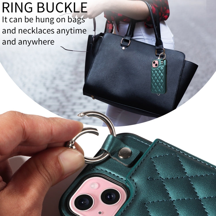 For iPhone 15 Rhombic Texture Card Bag Phone Case with Short Lanyard