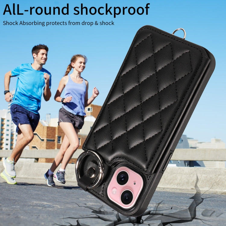 For iPhone 15 Rhombic Texture Card Bag Phone Case with Short Lanyard