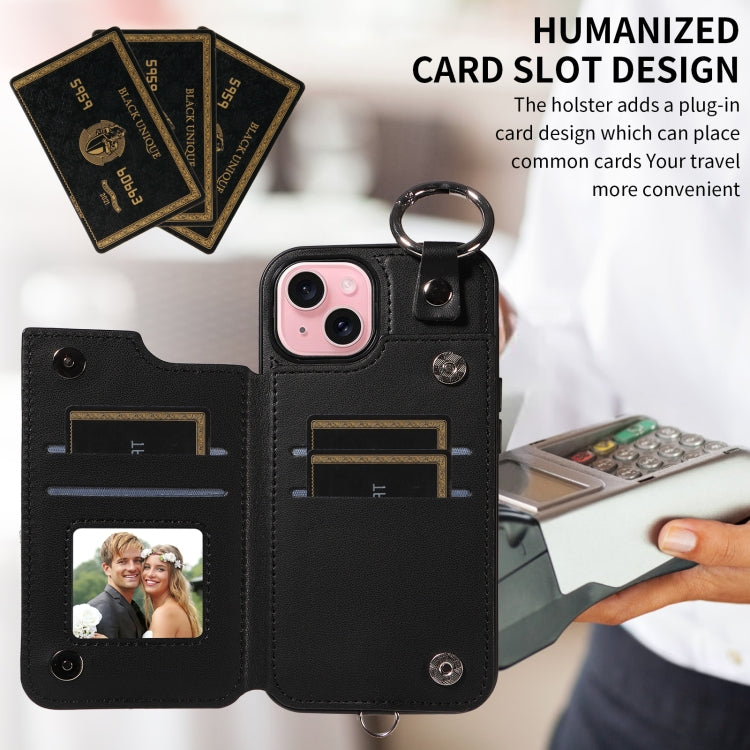For iPhone 15 Rhombic Texture Card Bag Phone Case with Short Lanyard