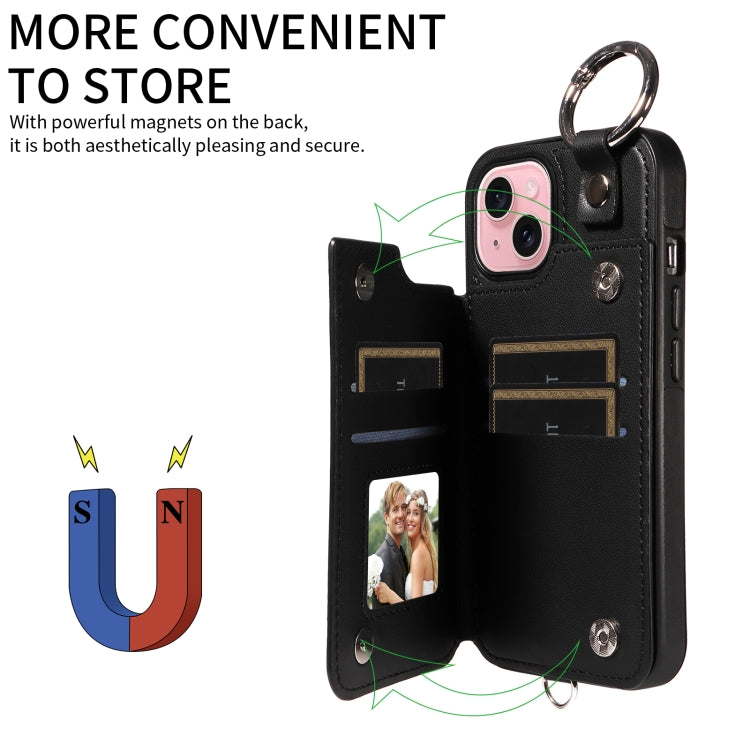 For iPhone 15 Rhombic Texture Card Bag Phone Case with Short Lanyard
