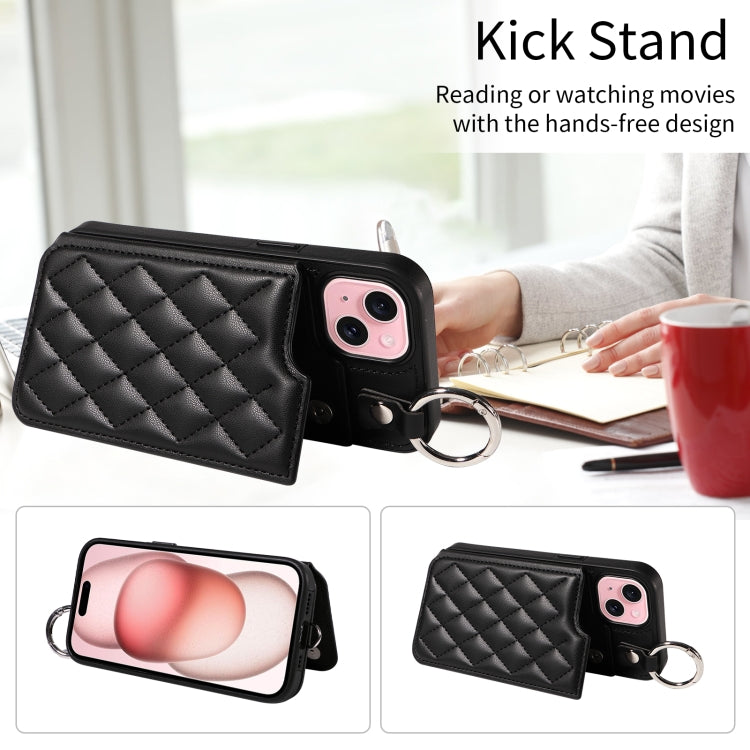 For iPhone 15 Rhombic Texture Card Bag Phone Case with Short Lanyard