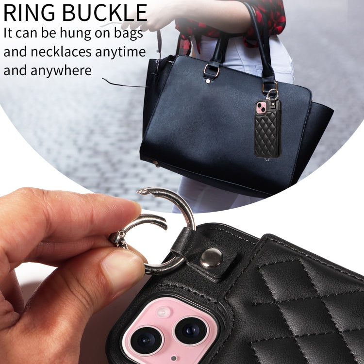For iPhone 15 Rhombic Texture Card Bag Phone Case with Short Lanyard