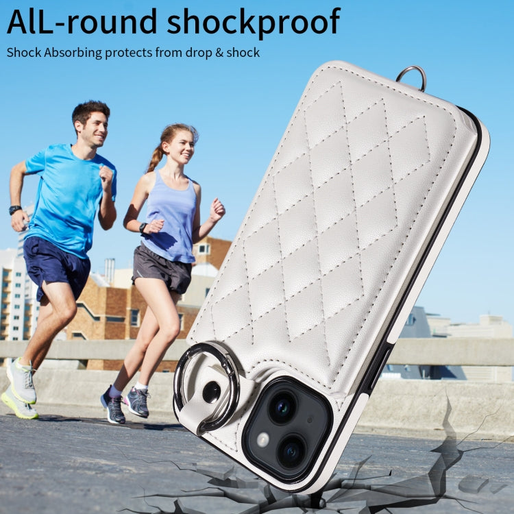 For iPhone 14 Rhombic Texture Card Bag Phone Case with Short Lanyard