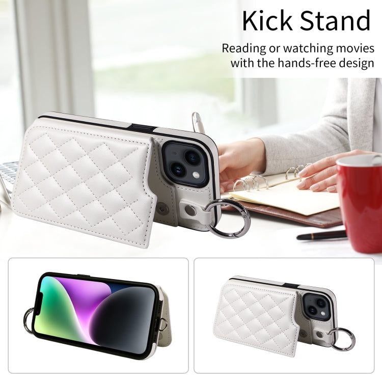 For iPhone 14 Rhombic Texture Card Bag Phone Case with Short Lanyard