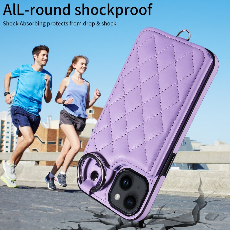 For iPhone 14 Rhombic Texture Card Bag Phone Case with Short Lanyard