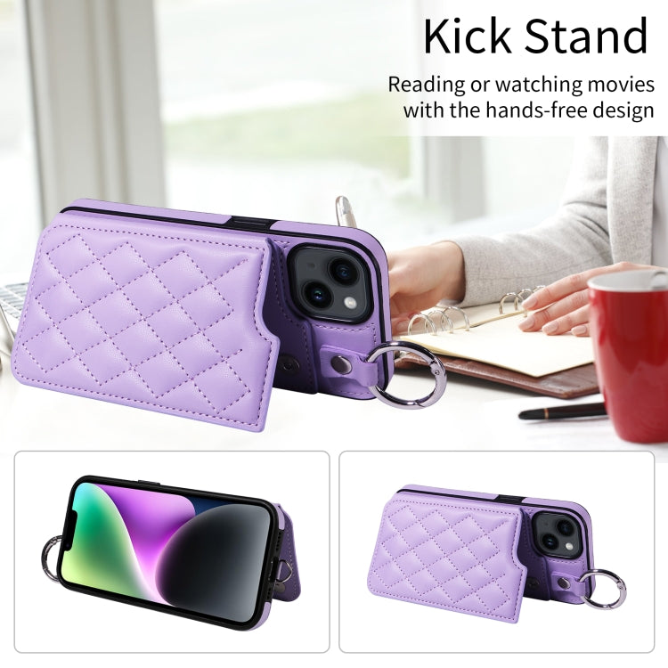 For iPhone 14 Rhombic Texture Card Bag Phone Case with Short Lanyard
