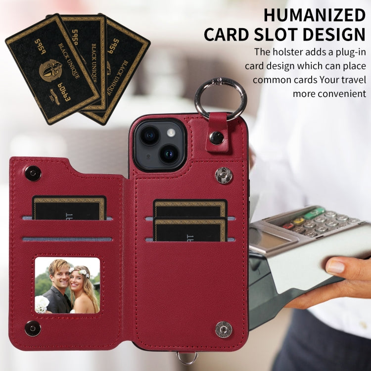 For iPhone 14 Rhombic Texture Card Bag Phone Case with Short Lanyard