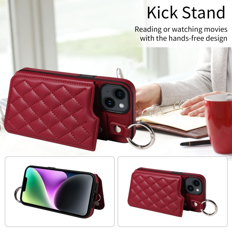 For iPhone 14 Rhombic Texture Card Bag Phone Case with Short Lanyard