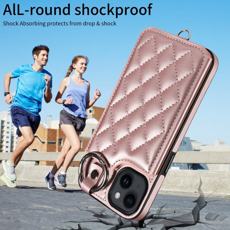 For iPhone 14 Rhombic Texture Card Bag Phone Case with Short Lanyard