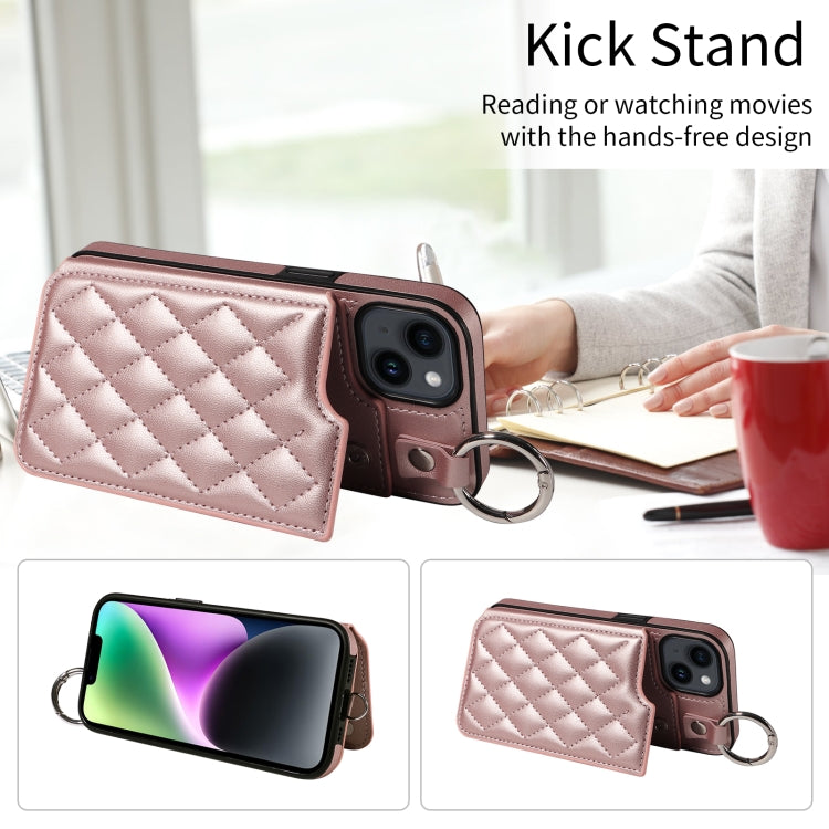 For iPhone 14 Rhombic Texture Card Bag Phone Case with Short Lanyard