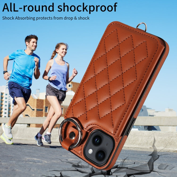 For iPhone 14 Rhombic Texture Card Bag Phone Case with Short Lanyard