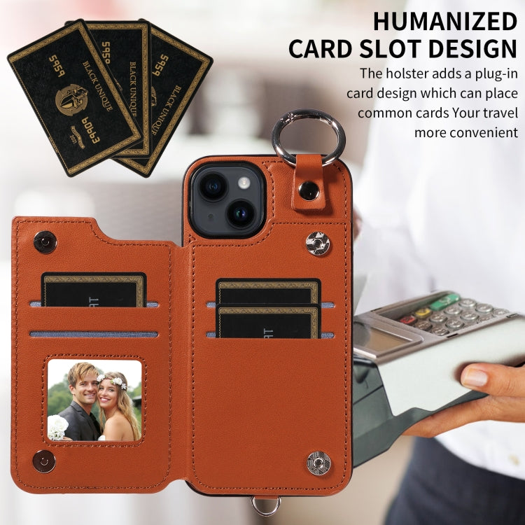 For iPhone 14 Rhombic Texture Card Bag Phone Case with Short Lanyard